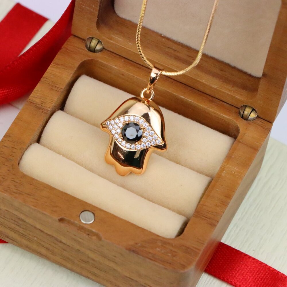 "Black Evil Eye Hamsa Pendant in Gold Plated Brass – Bold  Amulet, XPPT1756 - Picture 7 of 13